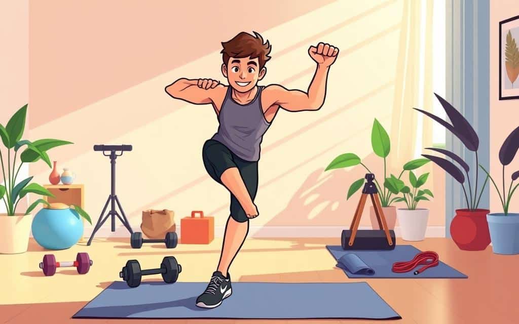 A vibrant and dynamic scene showcasing the numerous benefits of a short daily workout. In the foreground, a person is performing a high-intensity exercise, their body in motion, muscles engaged, and a look of determination on their face. The middle ground features a variety of fitness equipment, including dumbbells, resistance bands, and a yoga mat, symbolizing the versatility of a home-based workout routine. In the background, a softly lit environment with clean lines and natural elements, evoking a sense of balance and well-being. The lighting is warm and natural, casting a glow on the scene, and the camera angle is slightly elevated, offering a dynamic perspective. The overall mood is one of energy, vitality, and the empowering benefits of a short, efficient workout routine.