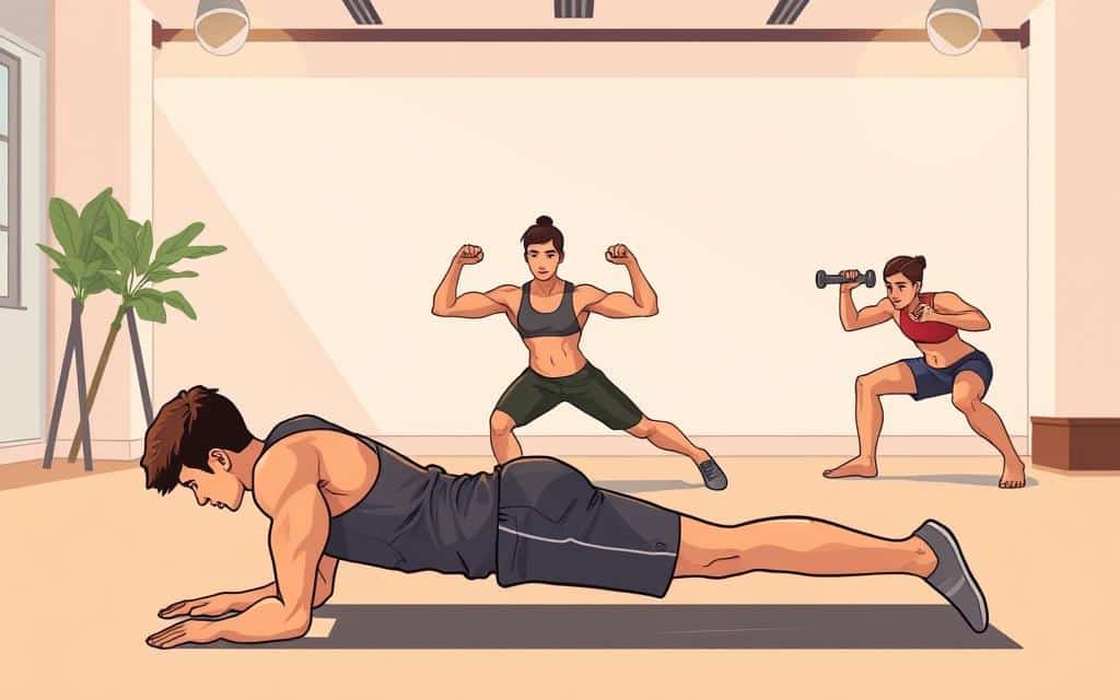A well-lit studio setting showcasing a series of calisthenics exercises performed by a diverse group of individuals. In the foreground, a person effortlessly executes a push-up, their muscles flexed and body in perfect alignment. In the middle ground, another individual holds a plank position, their core engaged and body steady. In the background, a person performs a series of squats, their movements fluid and controlled. The lighting is warm and natural, illuminating the subjects' defined musculature and emphasizing the simplicity and effectiveness of these bodyweight exercises. The overall atmosphere is one of strength, discipline, and accessible fitness for beginners.