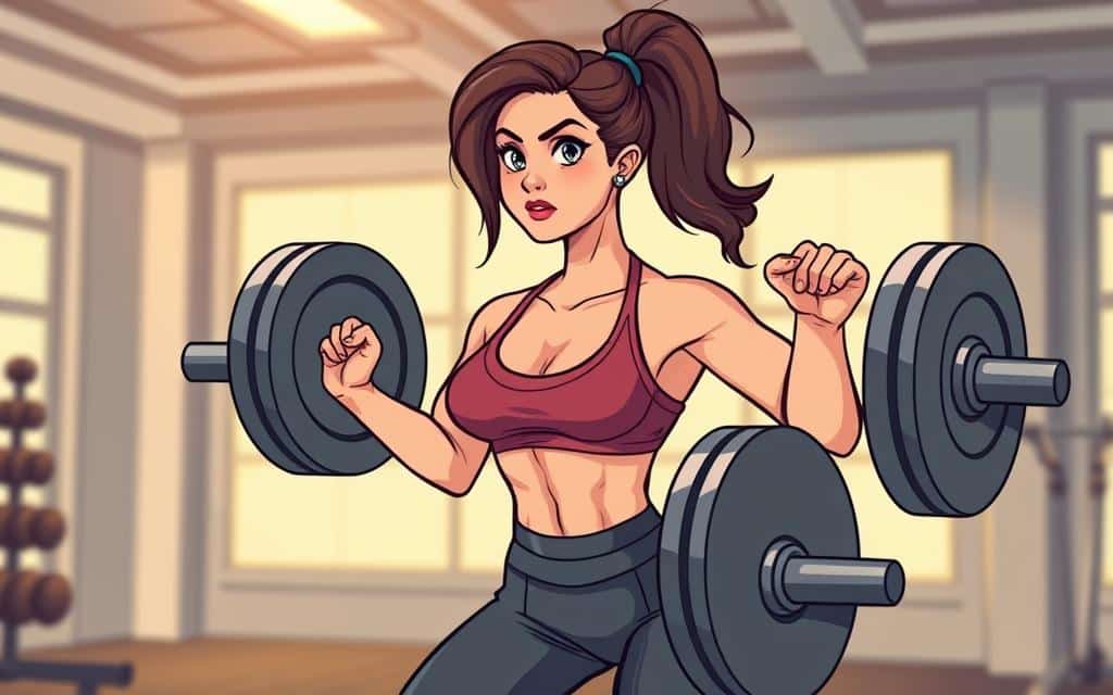 A woman lifting heavy weights in a well-lit, modern gym. Her muscles are defined, her expression determined as she powers through a set of barbell squats. The lighting is warm and flattering, accentuating the curves of her body. The background is blurred, focusing the viewer's attention on her form and the intense effort she is putting forth. Sparse, minimalist gym equipment is visible in the periphery, hinting at the dedicated training environment. The image conveys a sense of strength, empowerment, and the transformative power of strength training for women.