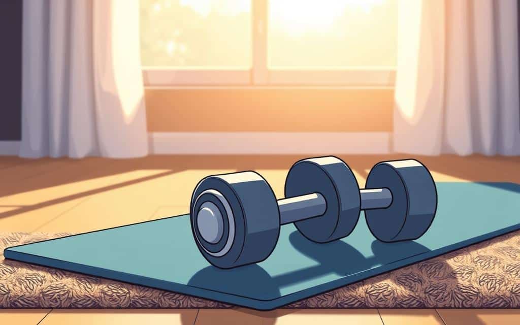 Chest equipment for a strong home workout: a set of medium-weight dumbbells resting on a plush exercise mat, illuminated by soft, diffused natural light streaming through a window. The dumbbells are positioned at an angle, conveying a sense of readiness and anticipation. The mat's texture and the warm, inviting tones create an atmosphere of comfort and focus, encouraging the viewer to envision themselves engaged in a transformative chest-building session. The layout is clean, uncluttered, and visually striking, emphasizing the essential tools needed to build strength and muscle at home.