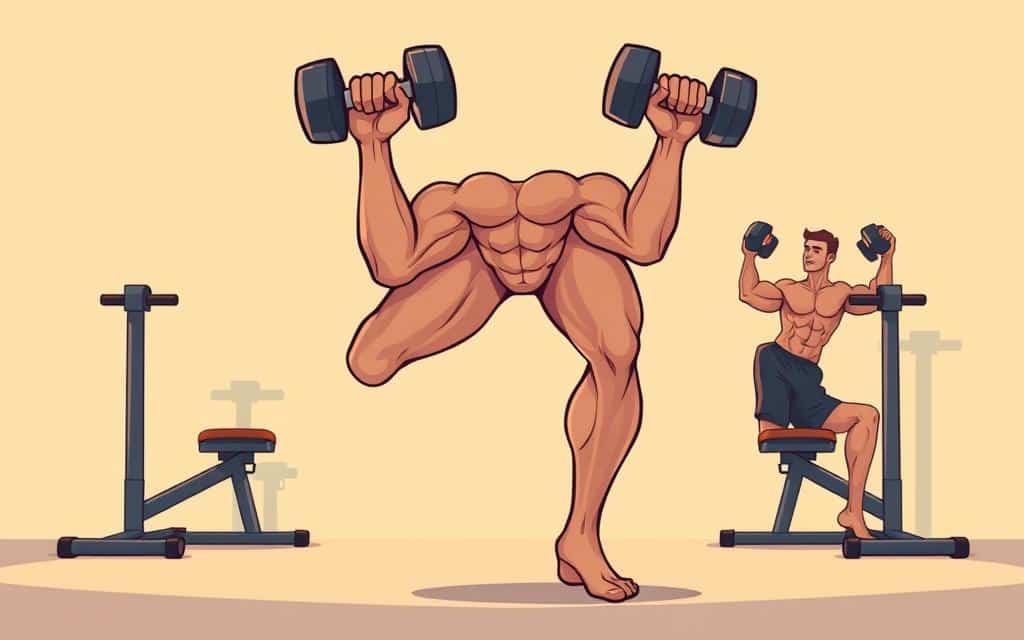 Elegant and powerful dumbbell leg exercises set against a clean, minimalist backdrop. Muscular legs in dynamic, balanced poses showcasing the strength and control required for effective lower body training. Warm, directional lighting highlights the sculpted lines and toned muscles, casting dramatic shadows that add depth and dimension. Sleek, modern gym equipment and a simple, uncluttered environment keep the focus on the exercises and their impact. The overall mood is one of purposeful, focused intensity - a visual representation of the transformative potential of dumbbell-based leg day.