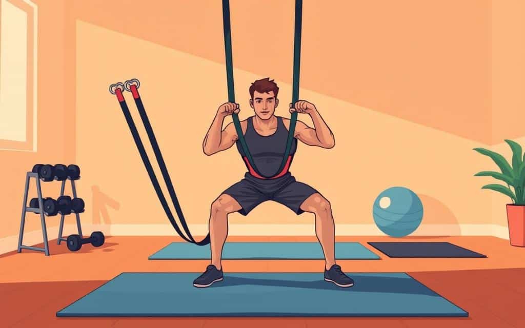 resistance bands in a dynamic full-body workout scene, shot with a wide angle lens in warm lighting. Foreground shows a person performing a bicep curl, with the bands clearly visible and creating tension. Middle ground depicts the person in a squat position, bands wrapped around their thighs. Background features a minimalist home gym setup, with weights, exercise balls, and a yoga mat in the frame. The overall mood is one of strength, movement, and the versatility of resistance band training.