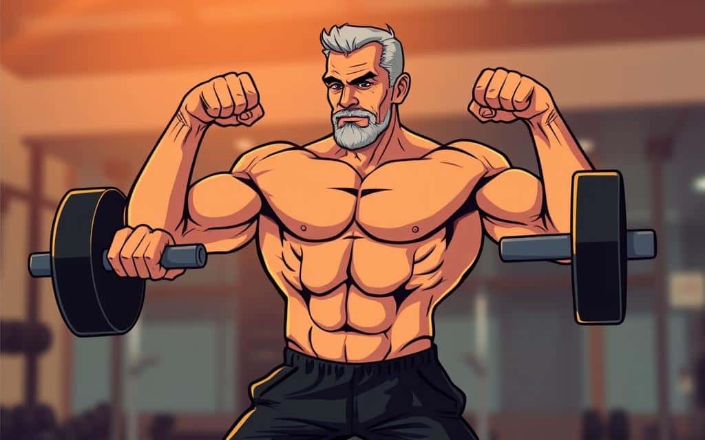A muscular middle-aged man engaged in a strength training exercise, his body in dynamic motion, muscles straining against the weight. Warm, directional lighting casts dramatic shadows, highlighting the contours of his form. The background is blurred, allowing the viewer to focus on the central figure and the effort required to maintain fitness and muscle mass as age advances. The overall atmosphere conveys the challenges and determination inherent in adapting one's training routine to accommodate the natural changes of the body over time.