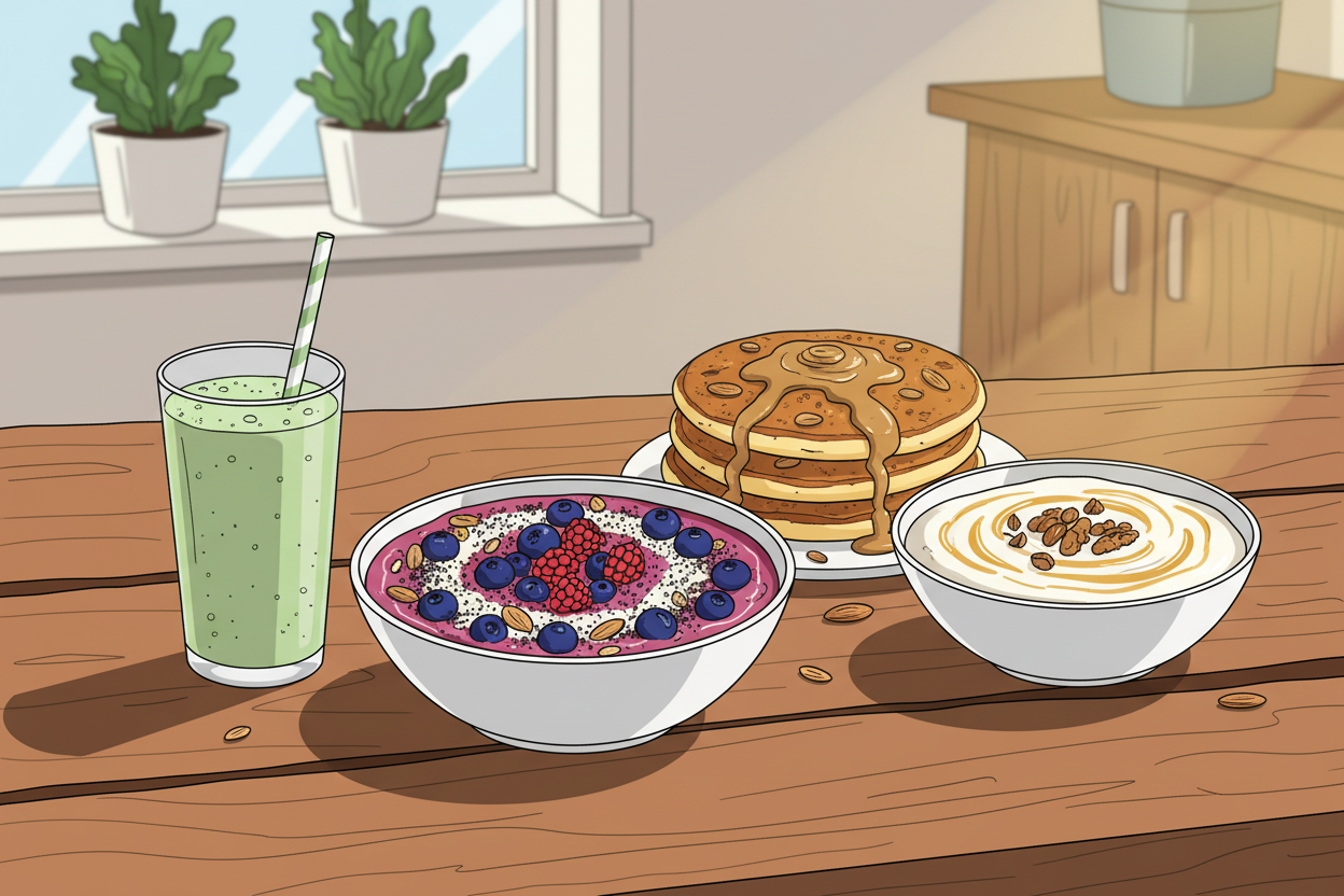 A beautifully arranged high-protein breakfast spread on a rustic wooden table, showcasing a vibrant smoothie bowl topped with berries and seeds, a stack of quinoa pancakes drizzled with almond butter, and a bowl of Greek yogurt garnished with nuts and honey. In the foreground, there's a glass of plant-based protein shake with a straw. In the middle ground, soft sunlight illuminates the breakfast items, casting gentle shadows, enhancing their textures. The background features a cozy kitchen with houseplants and soft-focus cabinetry, creating a warm, inviting atmosphere. The scene should evoke a sense of healthiness and satisfaction, emphasizing the concept of nutritious breakfasts without eggs. Use a wide-angle shot to capture the entire spread, ensuring a balanced composition.