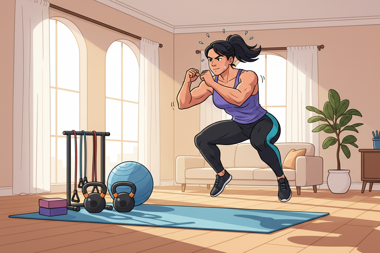 A dynamic home workout scene showcasing the benefits of explosive training. In the foreground, a fit individual in modest athletic wear performs a powerful jump, muscles tensed, capturing the intensity of explosive movements. The middle layer features various exercise equipment like kettlebells and resistance bands neatly organized, representing a home gym setting. In the background, a bright, airy living room with large windows allows natural light to flood the space, illuminating the workout area and enhancing the energetic atmosphere. The overall mood is motivating and uplifting, symbolizing strength and determination. Use simple shading to highlight the subject’s form, ensuring all limbs are proportionate and natural. No text or watermarks included.