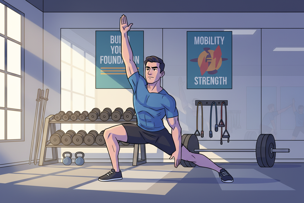 A focused weightlifter demonstrating mobility exercises in a well-lit gym environment, positioned in the foreground. The athlete, dressed in snug but modest athletic gear, is performing a dynamic stretch, showcasing flexibility in the hips and shoulders. The middle layer features gym equipment like free weights and resistance bands, indicating a serious training atmosphere. In the background, large mirrors and motivational posters reflect a sense of determination. Soft, natural lighting enhances the clarity of the scene, creating a welcoming and inspiring mood. Use a slightly low angle to emphasize the weightlifter's posture and the surroundings, ensuring a clear view of the mobility routine being executed. Simple shading highlights the muscle definition and movement, creating a vivid illustration of the importance of mobility in weightlifting.