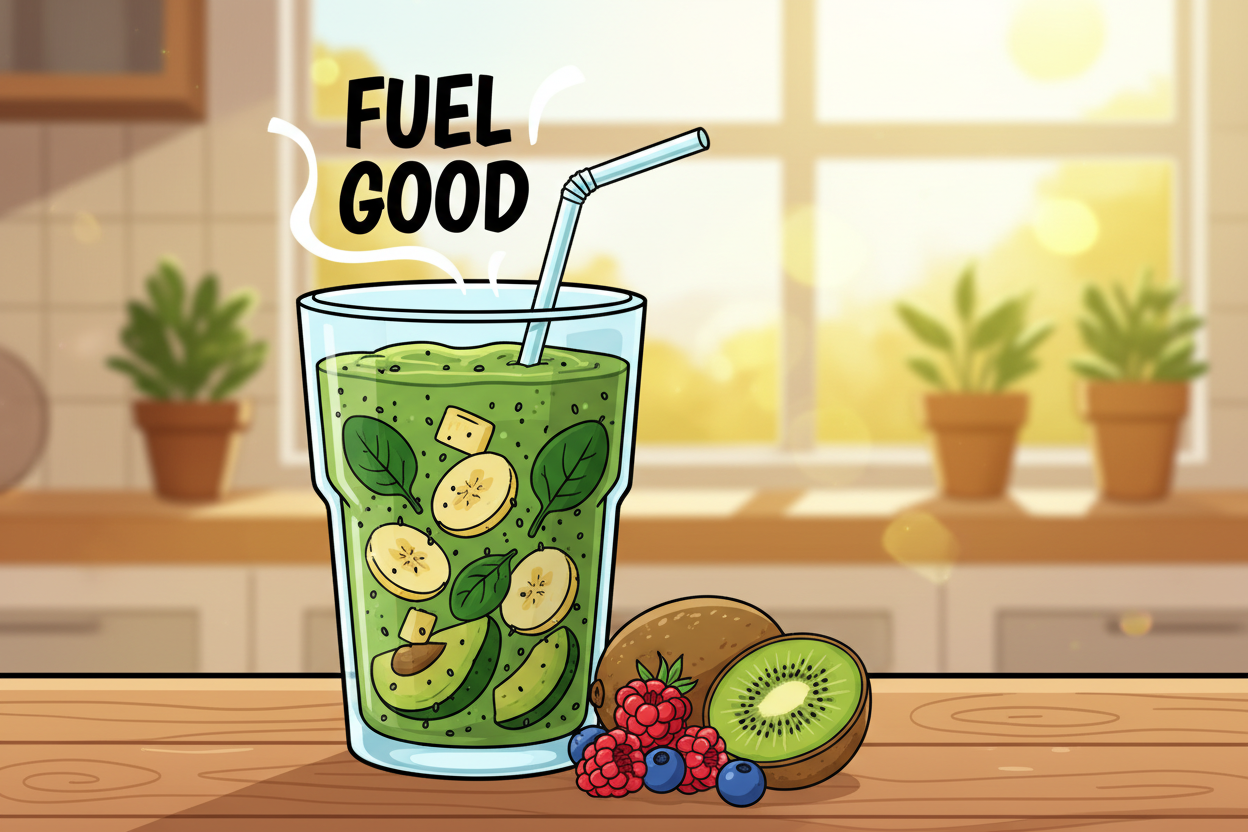 A vibrant whole food protein smoothie in a clear glass, filled with a rich blend of spinach, ripe bananas, creamy avocado, and a sprinkle of chia seeds. The glass sits on a rustic wooden table, adorned with fresh fruits like berries and a sliced kiwi beside it. In the background, a sunny kitchen setting with bright morning light pouring through a window illuminates the smoothie, creating a warm and inviting atmosphere. The focus is on the smoothie in the foreground, with soft bokeh effects in the background. Ideal for a healthy lifestyle article, capturing the essence of whole food ingredients in a dynamic and visually appealing way.