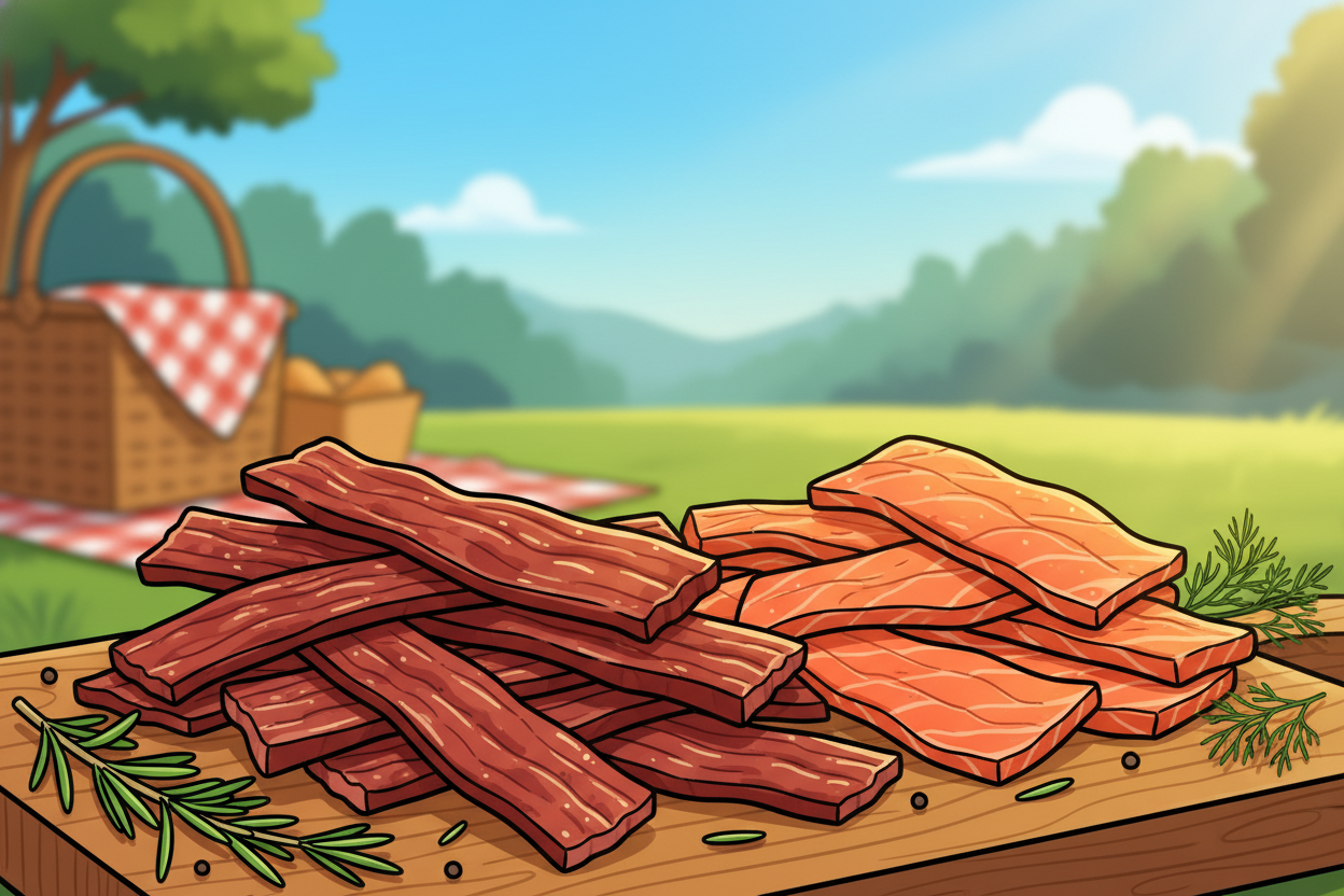 A visually appealing arrangement of beef jerky and salmon jerky, prominently displayed in the foreground. The beef jerky has a rich, deep mahogany color with glossy, textured surfaces catching the light, while the salmon jerky boasts vibrant shades of pink and orange, showcasing its flaky, tender texture. Both types of jerky are placed on a wooden cutting board, surrounded by fresh herbs like rosemary and dill for a pop of color and contrast. In the background, softly blurred elements of a vibrant outdoor picnic scene with greenery hint at an active lifestyle. Natural sunlight filters through, creating warm, inviting lighting that enhances the appetizing look of the jerky. The overall mood conveys energy and freshness, ideal for busy individuals looking for nutritious snacks on the go.