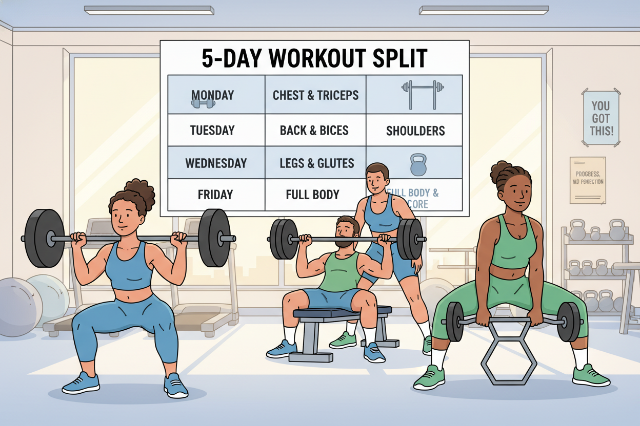 A visually engaging representation of the core principles of a 5-day workout split. In the foreground, a diverse group of three individuals in modest athletic clothing demonstrates various exercises, such as squats, bench presses, and deadlifts, showcasing proper form and dynamic poses. The middle ground features a large, clearly divided weekly workout calendar graphic outlining different muscle groups for each day, like chest, back, legs, and core. The background consists of a bright, modern gym environment with motivational posters and equipment, illuminated by warm natural light streaming through windows. The atmosphere is energetic and uplifting, encouraging beginners to feel motivated and empowered in their fitness journey. The scene should have simple shading and avoid any distorted limbs.