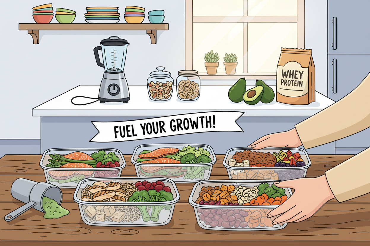 A visually striking composition showcasing a vibrant meal prep scene focused on muscle-building nutrition. In the foreground, neatly arranged meal containers filled with colorful, healthy foods like grilled chicken, quinoa, mixed vegetables, and legumes. A pair of hands in modest casual attire is seen placing a container on a rustic wooden kitchen table, symbolizing preparation and care. The middle ground features a well-organized kitchen with stainless steel appliances and fresh ingredients like avocados, nuts, and protein powders subtly positioned. In the background, soft natural light filters through a window, creating a warm, inviting atmosphere. The overall mood conveys dedication and motivation for a healthy lifestyle, with simple shading enhancing the textures of the food without overcrowding the composition.