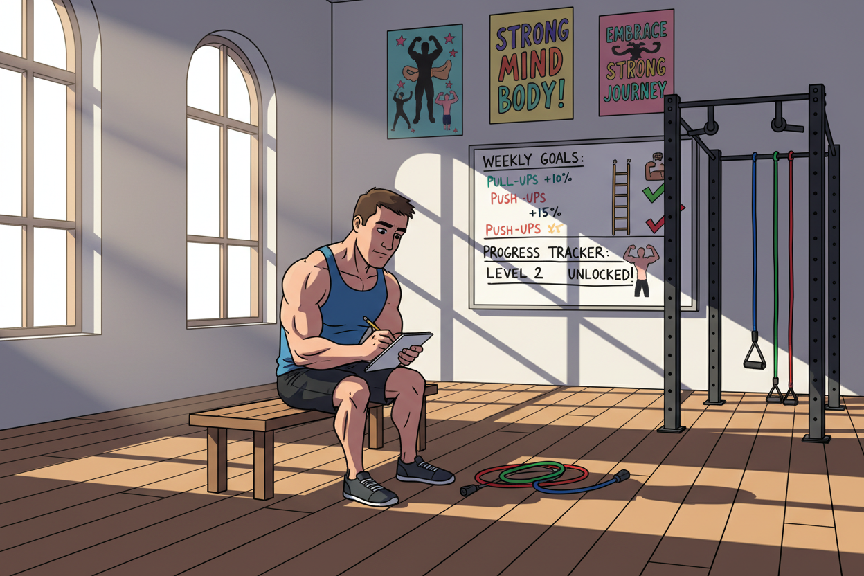 A well-lit indoor gym setting showcasing an organized calisthenics space. In the foreground, a fit individual in modest athletic clothing confidently sets clear calisthenics goals on a notepad, surrounded by equipment like pull-up bars and resistance bands. The middle ground features a whiteboard with illustrated goal charts and progress tracking, symbolizing clarity and structure. In the background, colorful motivational posters adorn the walls, creating an inspiring atmosphere. The soft, natural light filters in through large windows, casting dynamic shadows, while a camera angle captures the determination on the individual’s face. The mood is focused and empowering, emphasizing the journey of setting and achieving fitness objectives.