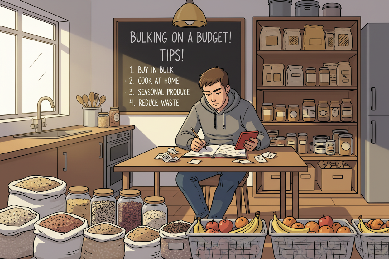 A well-organized kitchen scene focused on maximizing savings for a bulking journey. In the foreground, a diverse selection of healthy bulk foods such as rice, beans, oats, and fruits are neatly arranged in budget-friendly containers. In the middle, a person in modest casual attire, possibly a young adult, sits at a kitchen table with a calculator and a grocery list, thoughtfully jotting down prices. The background features shelves filled with pantry items and a chalkboard listing budget tips. Soft, warm lighting creates a welcoming atmosphere, emphasizing a homey, practical vibe. The camera angle is slightly overhead, offering a comprehensive view of the setup while maintaining focus on the individual’s engaged expression and their budgeting tasks. Dynamic poses of the person show concentration and determination.
