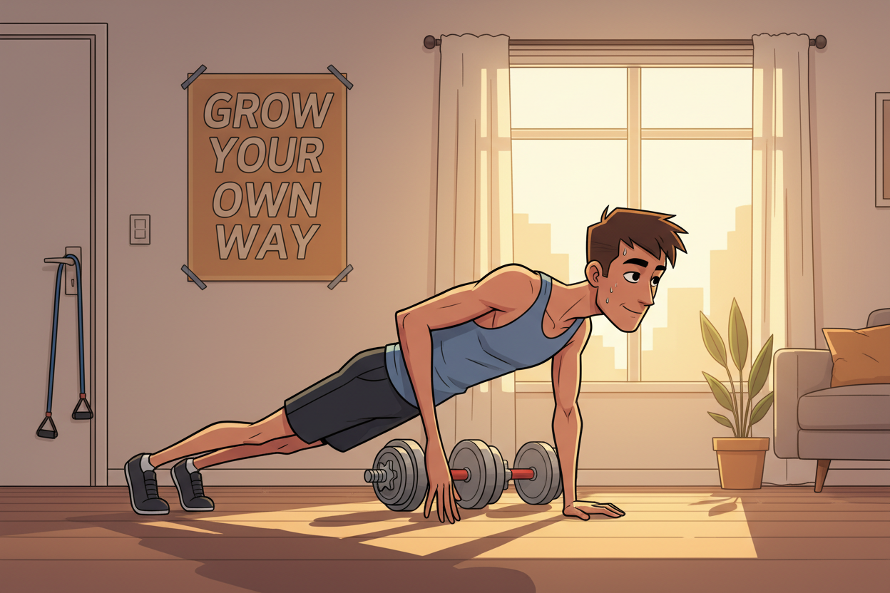A detailed illustration focusing on the ectomorph body type, featuring a young man performing a home workout. In the foreground, capture him in a dynamic pose, such as executing a bodyweight exercise like push-ups, emphasizing his lean physique and long limbs. The middle layer should include exercise equipment like dumbbells or a resistance band to indicate a home workout environment. In the background, create a cozy home setting with soft natural lighting filtering through a window, casting gentle shadows that enhance the atmosphere. Use a warm color palette to evoke motivation and determination. The overall mood should be inspirational and focused on understanding the unique challenges of ectomorphs, portrayed in a professional and modest manner without any distractions.