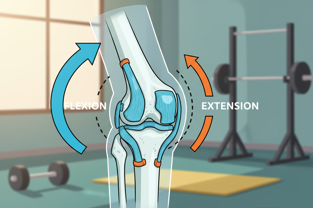 A detailed illustration of knee joint mechanics, featuring a clear anatomical representation of the knee joint in dynamic motion. In the foreground, a semi-transparent anatomical model shows the femur, tibia, fibula, and patella, highlighting ligaments and cartilage. The middle section includes arrows indicating movement, such as flexion and extension, to demonstrate proper mechanics during leg workouts. The background is softly blurred with muted tones, suggesting an exercise environment without distractions. Use soft, natural lighting to emphasize details in the joint while maintaining a clean and professional look. Capture the mood of scientific study and physical activity, with shadows suggesting movement while ensuring limbs are proportionate and realistic.
