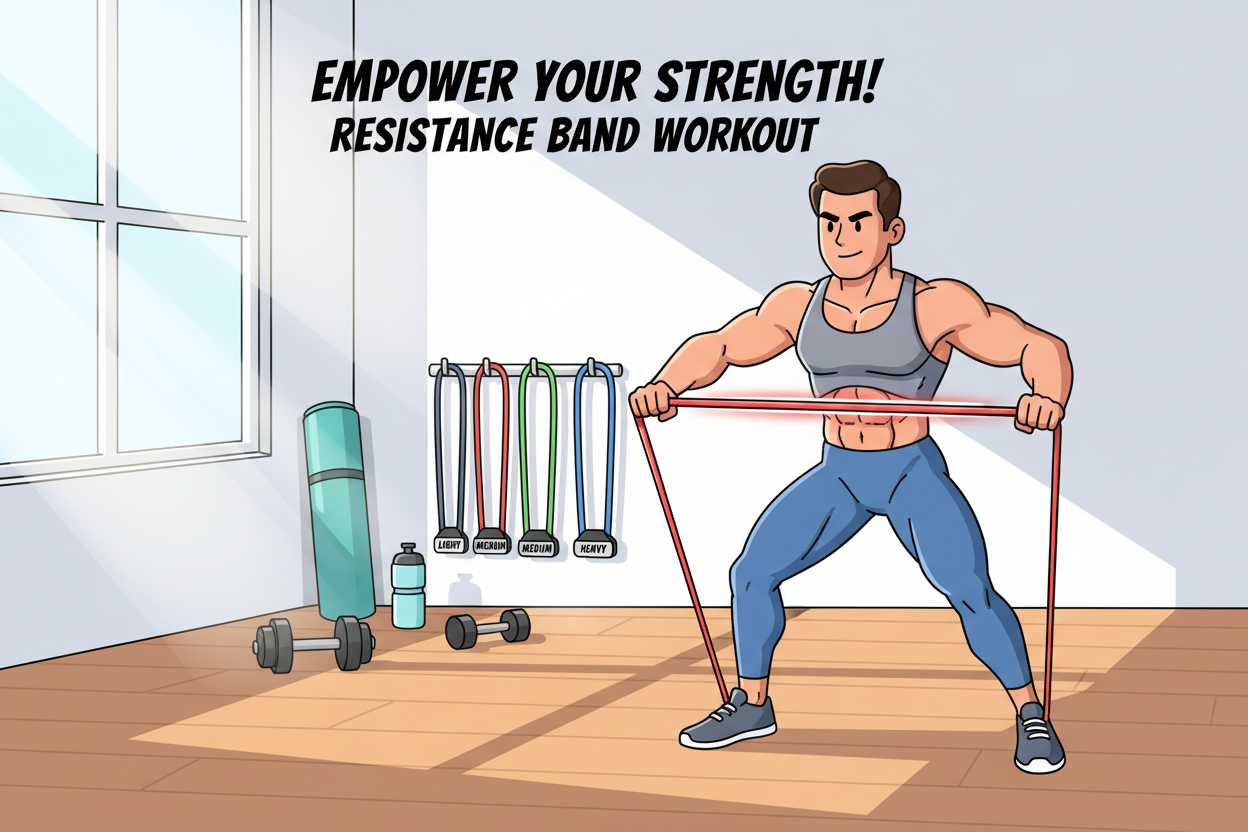 A dynamic indoor setting featuring a fit individual confidently performing a chest and triceps workout with a resistance band. In the foreground, the person, dressed in modest athletic wear, showcases an engaging pose, such as pushing the resistance band away from their chest to highlight the exercise’s benefits. The subject uses bright, diffused lighting to emphasize muscle engagement and the sleek texture of the resistance band. In the middle ground, various resistance bands are arranged neatly, displaying different colors and resistances, symbolizing versatility. The background includes a well-lit home workout space with minimalistic décor, such as a yoga mat and dumbbells, creating an inviting and motivational atmosphere for fitness enthusiasts. The overall mood is energetic and empowering, encouraging viewers to embrace resistance band workouts for strength training.