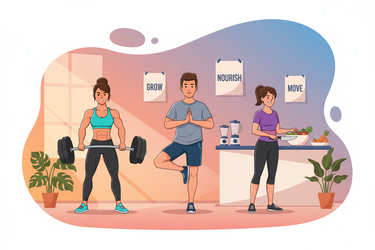 A dynamic representation of the body recomposition process, featuring a diverse group of three individuals in the foreground engaged in various fitness activities. The first person, a fit woman in professional athletic wear, is lifting weights, showcasing muscle strength. The second person, a man in modest casual attire, is performing a yoga pose, illustrating flexibility and balance. The third person, a woman in a fitted workout outfit, is preparing a healthy meal in a well-lit kitchen in the middle ground, emphasizing nutrition. The background features a fade of vibrant colors symbolizing transformation, with motivational fitness posters and plants adding to the atmosphere. Use natural lighting to highlight the subjects with soft shadows, creating an empowering and energetic mood. The lens should focus on the individuals to capture their determination and focus.