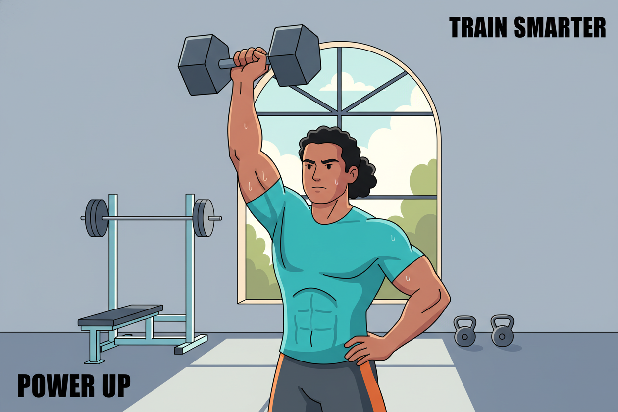 A dynamic scene of a fit individual performing a single dumbbell shoulder press in a modern, well-lit gym environment. The foreground features the athlete, a diverse person wearing a fitted athletic shirt and shorts, focusing intently on the lift, showcasing strong define muscles. In the middle ground, a few gym equipment pieces are visible, emphasizing a motivational space. The background includes a large window letting in natural light that highlights the strength training area, casting soft shadows. The atmosphere is energetic and encouraging, ideal for inspiring viewers to engage with a dumbbell workout routine. Use subtle hues and simple shading to enhance the focus on the workout without distortions or exaggerated features.