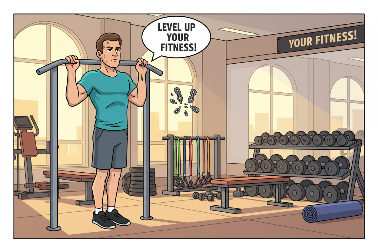 A focused gym environment showcasing the understanding of pull-up challenges. In the foreground, a determined individual in modest workout attire is attempting a pull-up on a bar, with visible effort and concentration on their face. Their muscles are subtly defined, emphasizing the physical challenge. In the middle ground, various exercise equipment like resistance bands and weights are arranged neatly, symbolizing alternative workout methods. The background features a bright, well-lit gym with mirrors reflecting the space, creating a sense of depth. The lighting is warm, casting soft shadows to enhance the atmosphere of motivation and effort. Dynamic poses and simple shading convey the intensity of the workout without distorting the limbs, reflecting the theme of overcoming barriers.