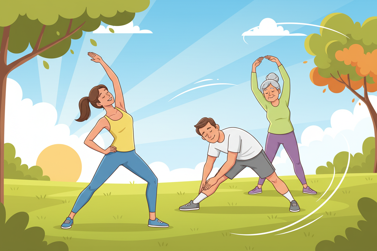A serene morning scene depicting a diverse group of three individuals engaged in a morning stretch routine on a grassy field. In the foreground, a young woman in comfortable athletic wear performs a dynamic side stretch, her body elongated gracefully towards the sky. Beside her, a middle-aged man is captured mid-stretch, reaching forward with a calm expression, showcasing focus and determination. In the background, a slightly older woman is gently stretching her arms overhead, radiating warmth and positivity. The sunlight bathes the scene in a soft golden hue, creating a tranquil and uplifting atmosphere. Layered trees and a gentle breeze add movement, while a clear blue sky enhances the sense of a fresh start. The composition conveys vitality and energy, reflecting the power of a morning stretch routine.