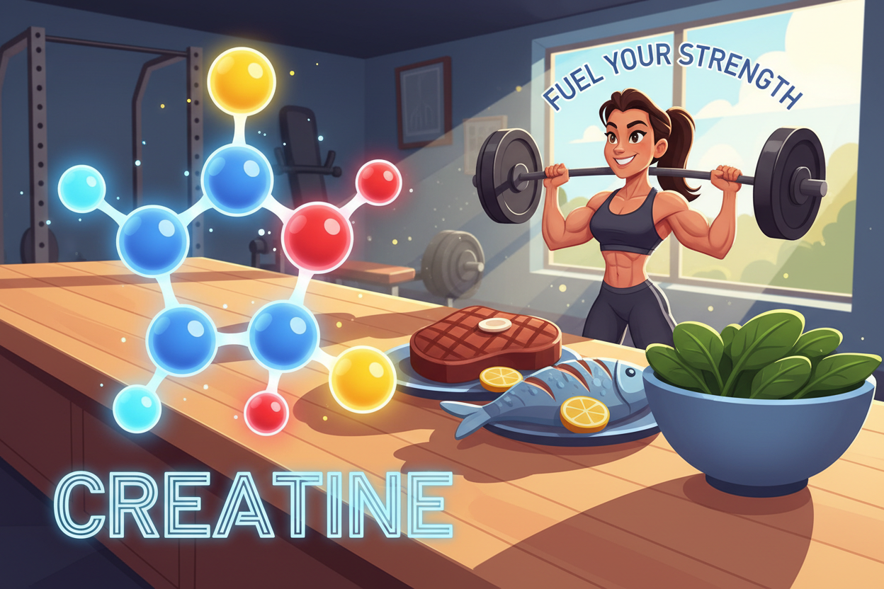 A vibrant scene illustrating the role and benefits of creatine, featuring a translucent, oversized 3D molecular representation of creatine in the foreground, showcasing its chemical structure with glowing connections. In the middle ground, vibrant foods rich in creatine—like red meat, fish, and spinach—are artfully arranged on a sleek kitchen countertop. A fit individual in professional athletic wear, engaged in a dynamic pose of lifting weights, is depicted in the background, symbolizing strength and fitness. The lighting is bright and natural, enhancing the freshness of the foods and creating a motivational atmosphere. The angle is slightly tilted to suggest movement and energy, emphasizing the benefits of creatine in physical performance and health.