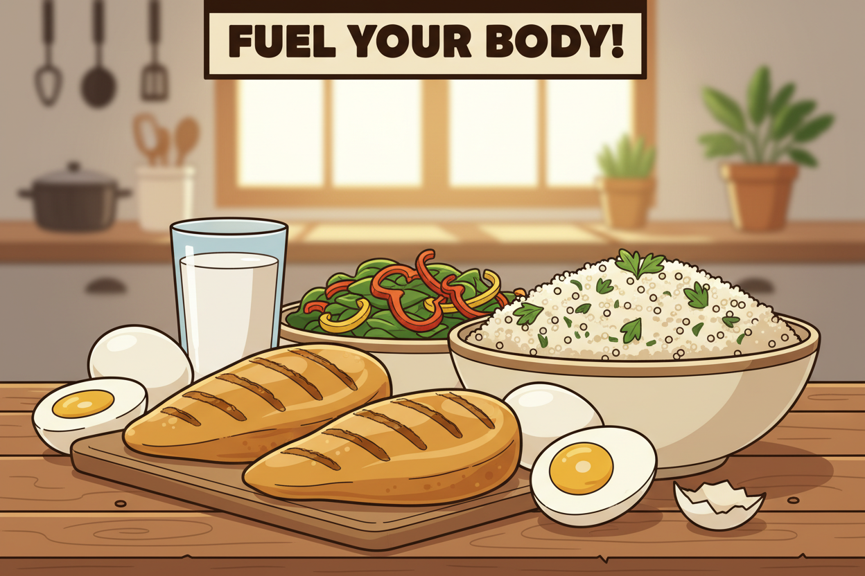 A visually compelling still life composition showcasing a variety of protein-rich foods arranged artfully on a rustic wooden table. In the foreground, prominently display grilled chicken breasts, eggs, and a bowl of quinoa. In the middle ground, include vibrant vegetables such as spinach and bell peppers to accentuate the healthy theme, along with a glass of milk. The background should feature a softly blurred kitchen setting with natural light streaming through a window, creating a warm and inviting atmosphere. The overall mood is wholesome and energetic, emphasizing the importance of protein in a balanced diet. The scene is captured with a slightly angled lens to provide depth, utilizing soft shading to enhance the textures of the foods.