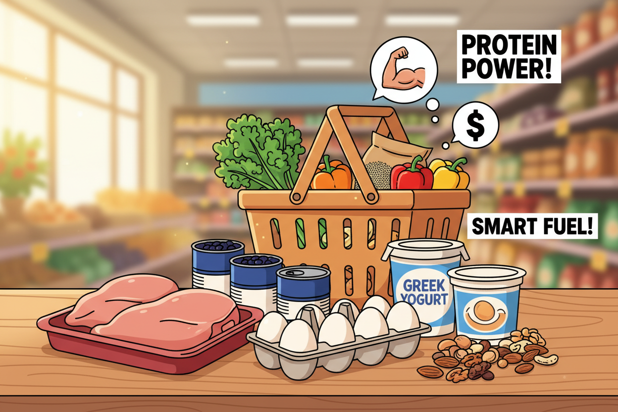 A well-organized grocery shopping scene showcasing high-protein ingredients on a bright, colorful backdrop. In the foreground, an array of fresh groceries: a pack of chicken breasts, cans of black beans, eggs, Greek yogurt, and assorted nuts neatly arranged on a wooden table. In the middle ground, a shopping basket filled with leafy greens, quinoa, and colorful bell peppers, symbolizing smart shopping choices. In the background, a softly blurred grocery store aisle, bathed in warm, natural light, enhancing the inviting atmosphere. The composition should convey a sense of efficiency and health, with a focus on affordable ingredients for making high-protein meals. Use a shallow depth of field to emphasize the groceries, capturing the essence of smart, economical shopping.